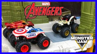 Marvel Avengers Monster Trucks  Rescuing Mini Monster Jam Trucks  Champ Ramp Flips [upl. by Letnom]