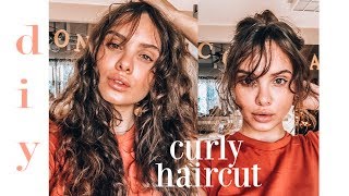 diy curly haircut  cutting bangs [upl. by Sokcin]