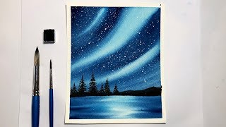 Northern Lights Forest Landscape Watercolor Painting for Beginners Step by Step [upl. by Valerlan]