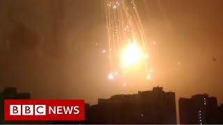 Huge explosion seen in sky over Ukraines capital Kyiv  BBC News [upl. by Adneram203]