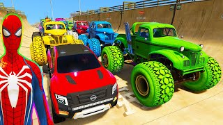 SPIDERMAN CARS Monster Trucks Mega Rampa Challenge  SUPERHERO HULK Iron Man Goku Racing  GTA V [upl. by Nalaf]