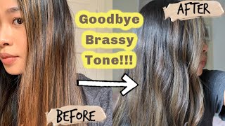 HOW I TONE MY BRASSY HAIR AT HOME  DARK BRUNETTE BALAYAGE [upl. by Bartolemo]