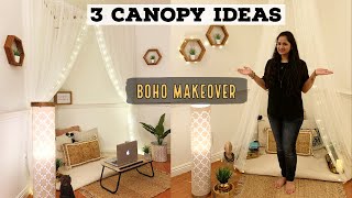 3 DIY CANOPY Ideas  2 BOHO Style Living Room MAKEOVER  Bed Canopy [upl. by Yreffej]