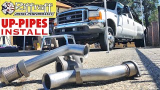 2001 F350 73  RiffRaff UpPipes Install  Stock up pipes leaking and falling apart JUNK SP [upl. by Nerval2]