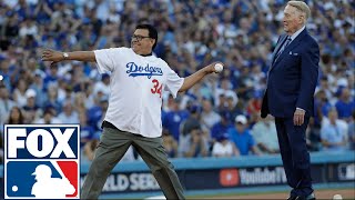 Vin Scully Fernando Valenzuela throw out 1st pitch before Game 2  2017 MLB Playoffs  FOX MLB [upl. by Ive415]