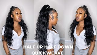 HOW TO HALF UP HALF DOWN QUICKWEAVE WITHOUT LEAVE OUT [upl. by Eiuqnimod824]