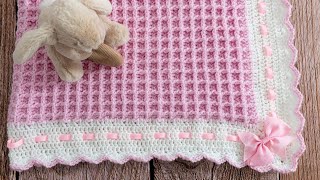 How to Crochet Waffle Stitch Baby Blanket Pretty amp EASY 2row repeat [upl. by Obola533]